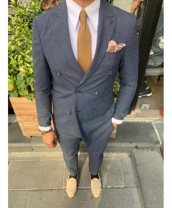 Erkek Dar Kesim Silimfit Kruvaze Takım Elbise-Lacivert