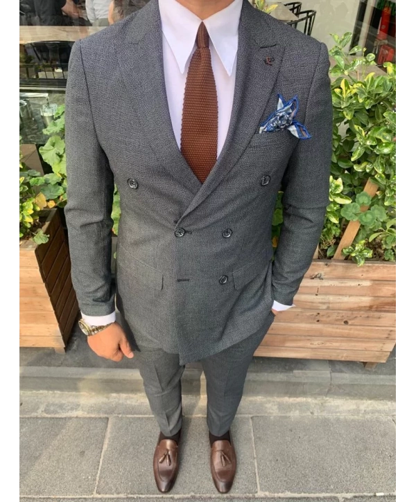 Erkek Dar Kesim Silimfit Kruvaze Takım Elbise-Siyah