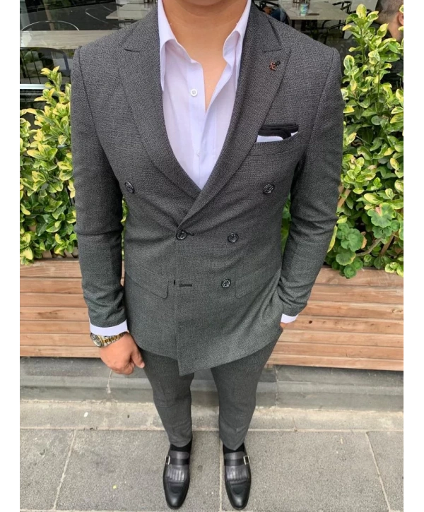 Erkek Dar Kesim Silimfit Kruvaze Takım Elbise-Siyah