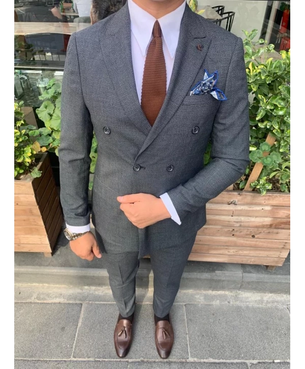 Erkek Dar Kesim Silimfit Kruvaze Takım Elbise-Siyah