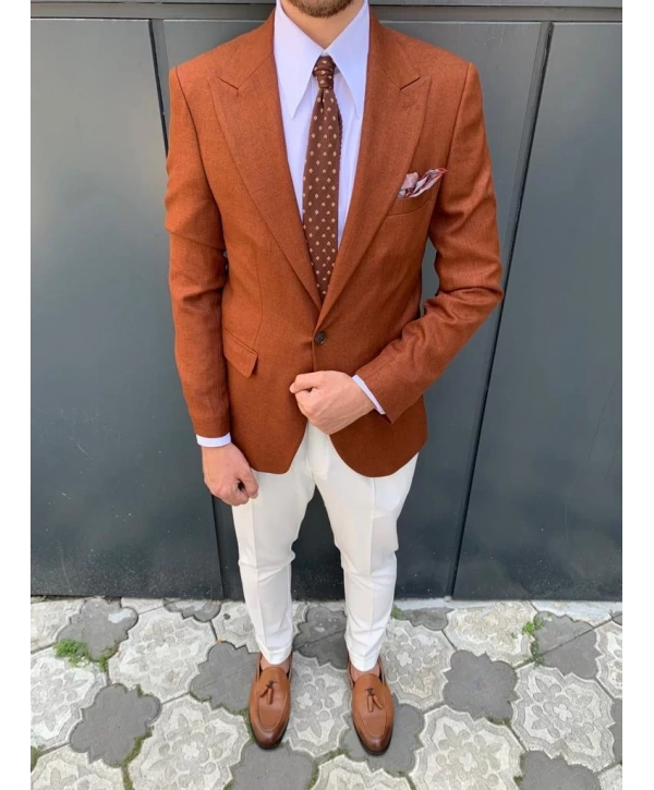 Erkek Dar Kesim Slimfit Tek Ceket - Hardal Sarısı