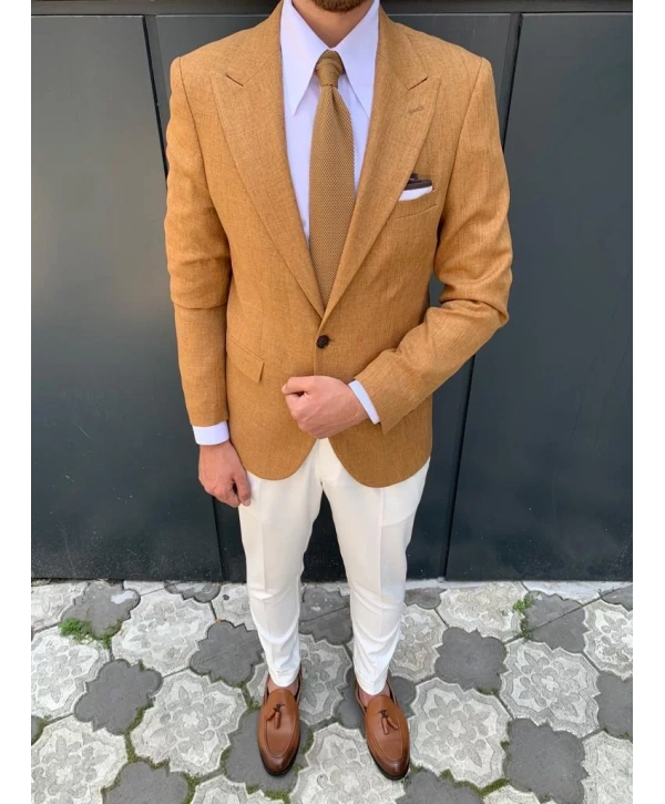 Erkek Dar Kesim Slimfit Tek Ceket - Hardal Sarısı