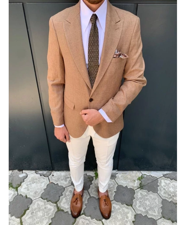 Erkek Dar Kesim Slimfit Tek Ceket - Hardal Sarısı