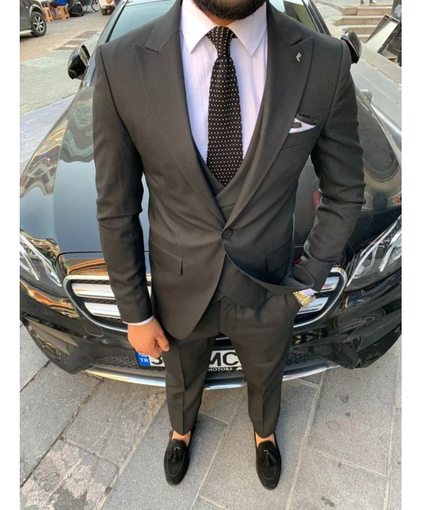 Erkek Dar Kesim Yelekli Takım Elbise - Camel