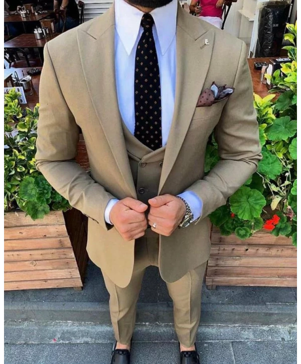 Erkek Dar Kesim Yelekli Takım Elbise - Camel