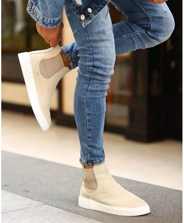 Yeni Sezon Erkek Eva Taban Deri Chelsea Bot - Bej