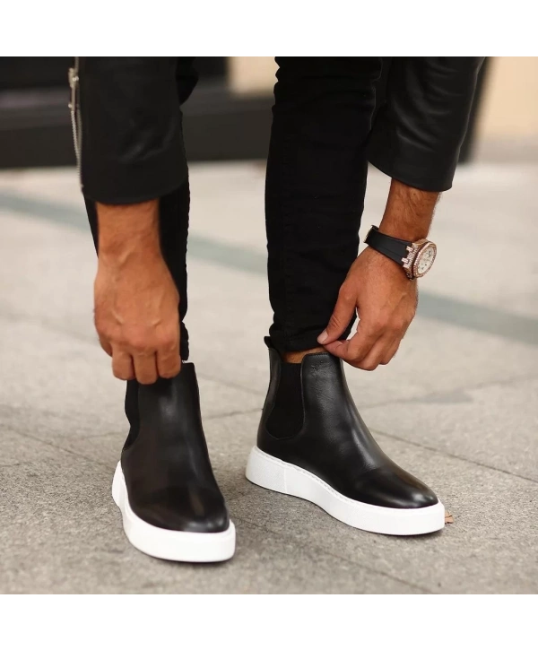 Yeni Sezon Erkek Eva Taban Deri Chelsea Bot - Siyah Beyaz