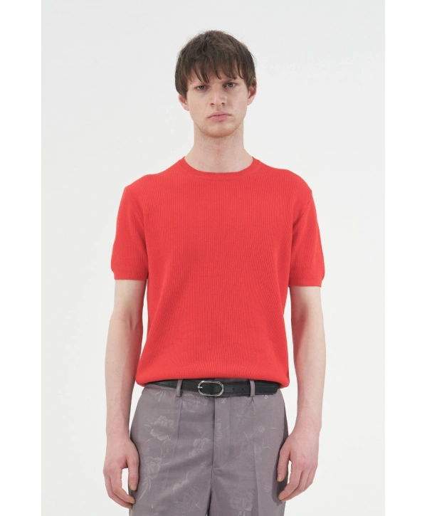 Erkek Normal Kesim Bisiklet Yaka Triko Thişört -Kırmızı