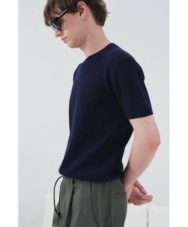 Erkek Normal Kesim Bisiklet Yaka Triko Thişört -Lacivert