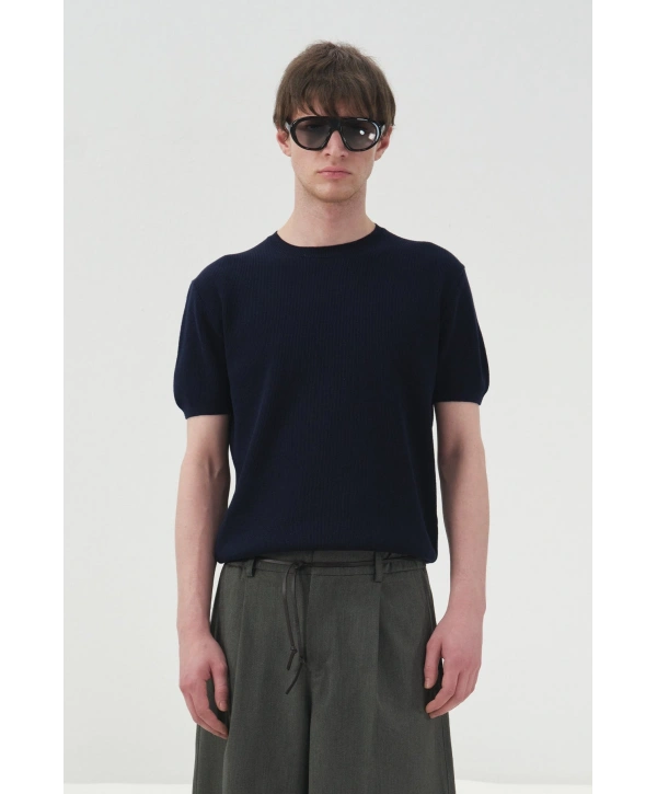 Erkek Normal Kesim Bisiklet Yaka Triko Thişört -Lacivert