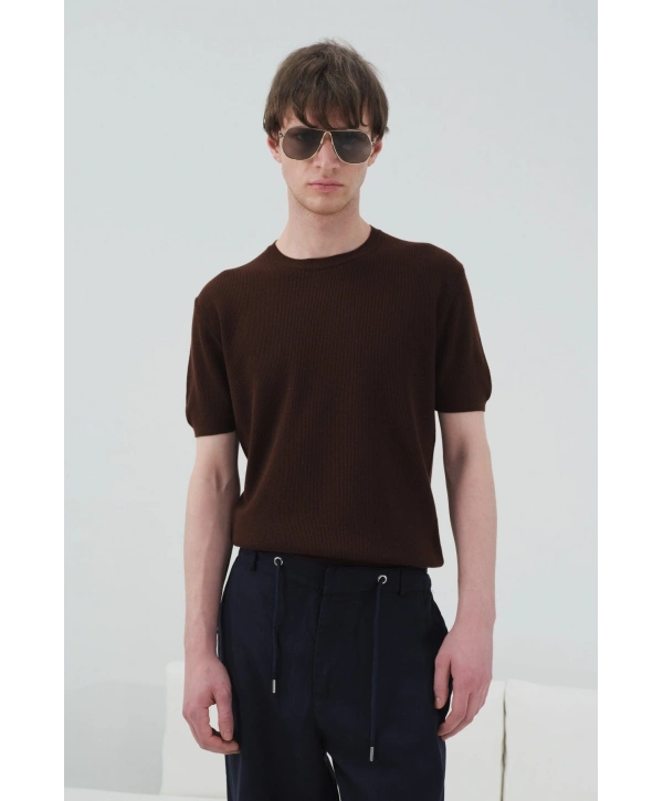 Erkek Normal Kesim Bisiklet Yaka Triko Thişört -Kahverengi