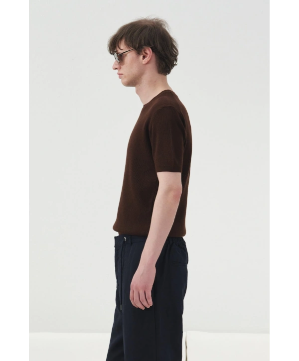 Erkek Normal Kesim Bisiklet Yaka Triko Thişört -Kahverengi