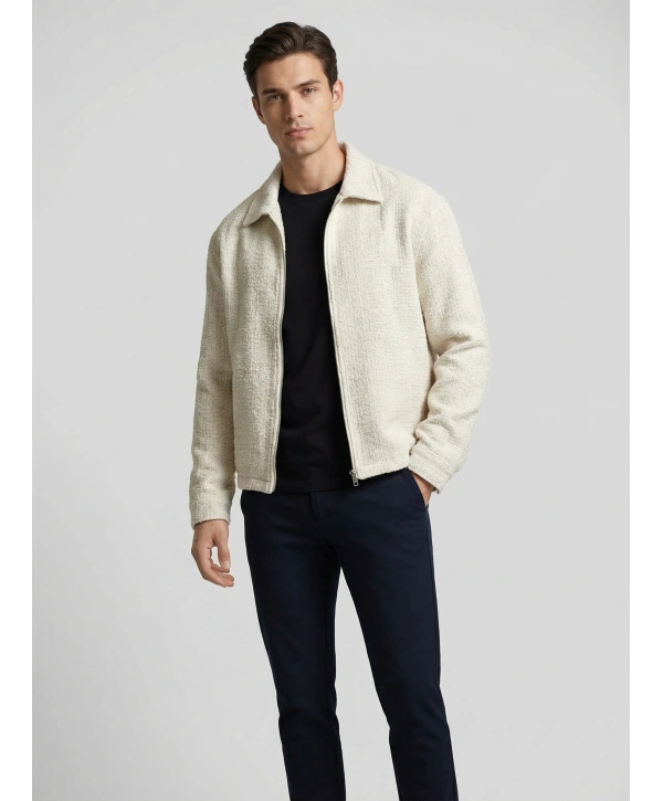 Erkek Polo Yaka Keten İnce Baharlık Mont- Krem