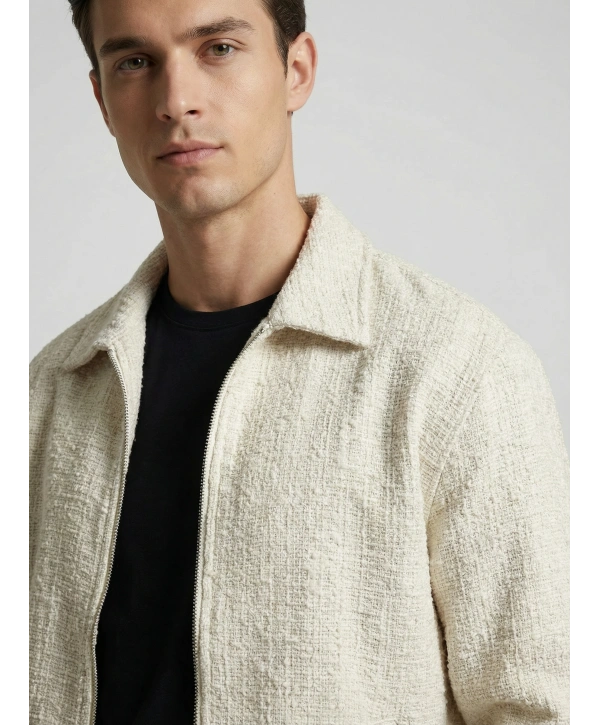 Erkek Polo Yaka Keten İnce Baharlık Mont- Krem