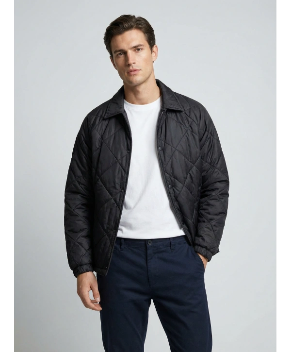 Erkek Normal Kalıp Jel Dolgu Desenli Mont - Siyah