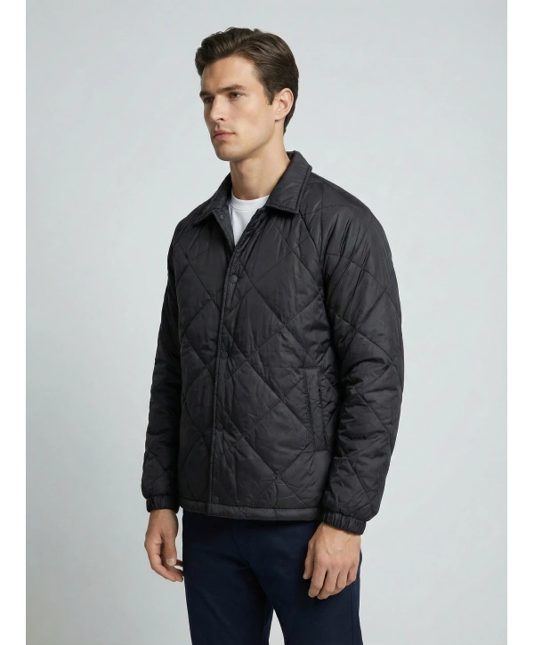 Erkek Normal Kalıp Jel Dolgu Desenli Mont - Siyah