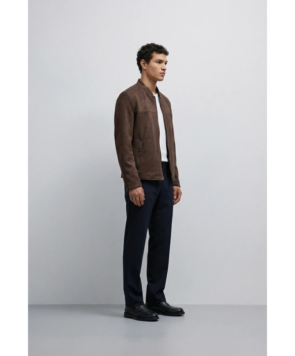 Erkek Dar Kesim Fermuarlı Süet Mont- Kahverengi