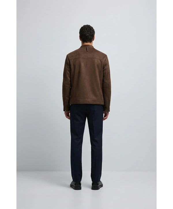 Erkek Dar Kesim Fermuarlı Süet Mont- Kahverengi