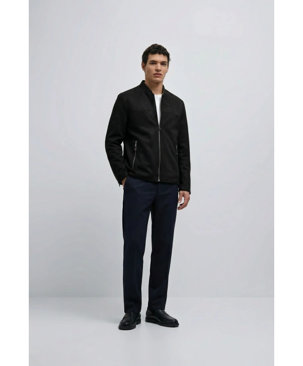 Erkek Dar Kesim Fermuarlı Süet Mont- Kahverengi