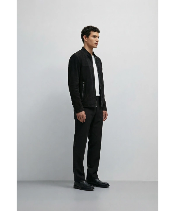 Erkek Dar Kesim Fermuarlı Süet Mont- Kahverengi