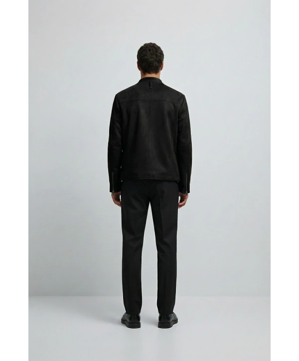 Erkek Dar Kesim Fermuarlı Süet Mont- Kahverengi