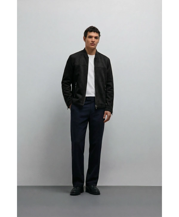 Erkek Dar Kesim Fermuarlı Süet Mont- Kahverengi