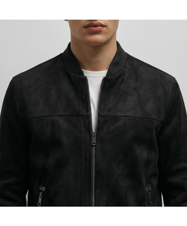 Erkek Dar Kesim Fermuarlı Süet Mont- Kahverengi