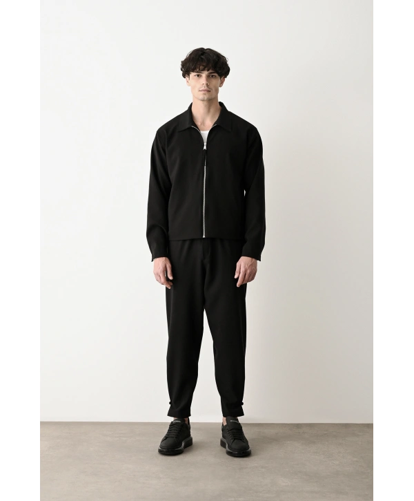 Erkek Polo Yaka İnce Baharlık Mont- Siyah