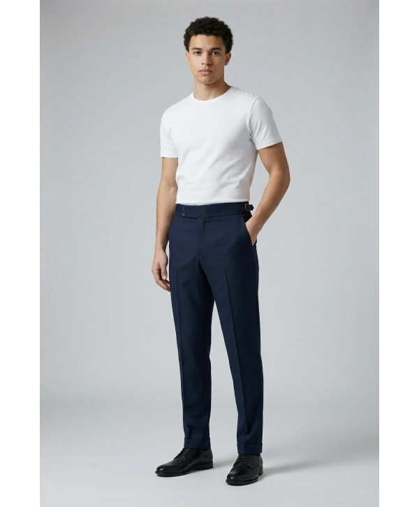 Erkek Dar Kesim Tokalı Yüksek Bel Pileli Duble Paça Keten Pantolon- Lacivert