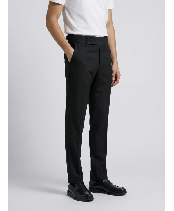 Erkek Dar Kesim Tokalı Yüksek Bel Pileli Duble Paça Keten Pantolon-Siyah