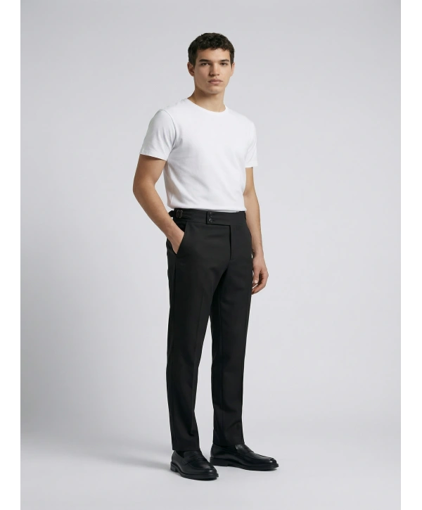 Erkek Dar Kesim Tokalı Yüksek Bel Pileli Duble Paça Keten Pantolon-Siyah