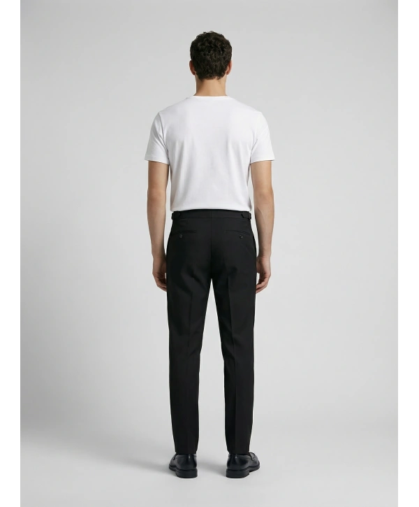 Erkek Dar Kesim Tokalı Yüksek Bel Pileli Duble Paça Keten Pantolon-Siyah