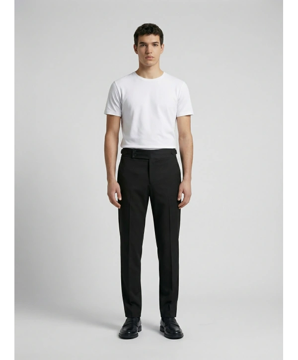 Erkek Dar Kesim Tokalı Yüksek Bel Pileli Duble Paça Keten Pantolon-Siyah