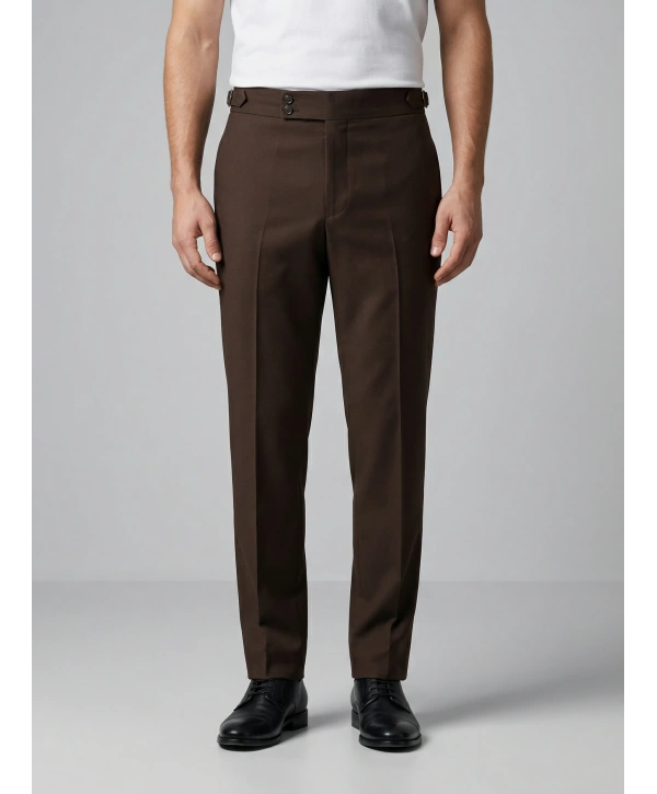 Erkek Dar Kesim Tokalı Yüksek Bel Pileli Duble Paça Keten Pantolon- Kahverengi