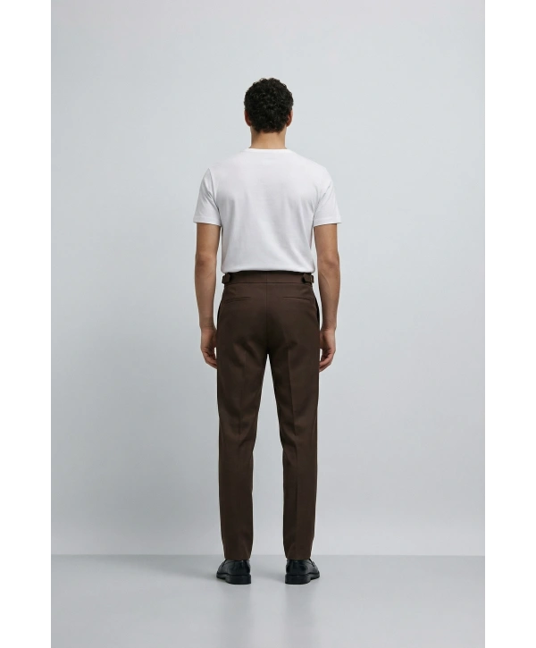 Erkek Dar Kesim Tokalı Yüksek Bel Pileli Duble Paça Keten Pantolon- Kahverengi