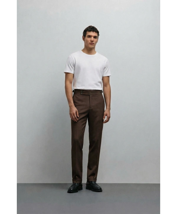 Erkek Dar Kesim Tokalı Yüksek Bel Pileli Duble Paça Keten Pantolon- Kahverengi