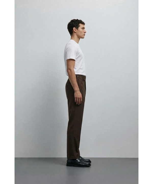 Erkek Dar Kesim Tokalı Yüksek Bel Pileli Duble Paça Keten Pantolon- Kahverengi