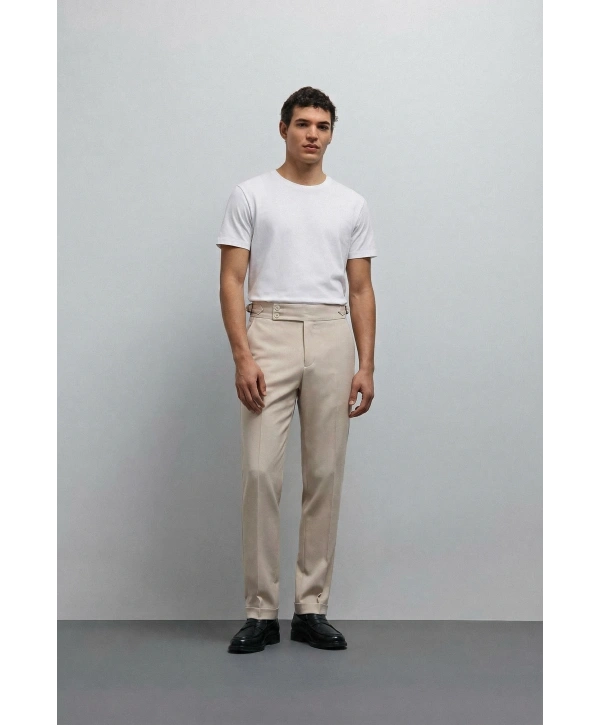 Erkek Dar Kesim Tokalı Yüksek Bel Pileli Duble Paça Keten Pantolon- Krem