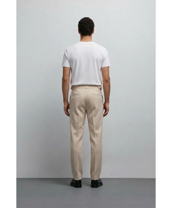 Erkek Dar Kesim Tokalı Yüksek Bel Pileli Duble Paça Keten Pantolon- Krem
