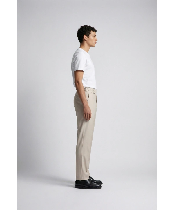 Erkek Dar Kesim Tokalı Yüksek Bel Pileli Duble Paça Keten Pantolon- Krem
