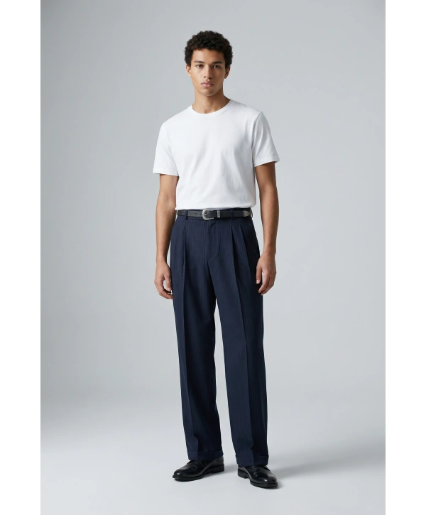 Erkek Rahat Kesim Bagy Çizgili Pantolon- Lacivert