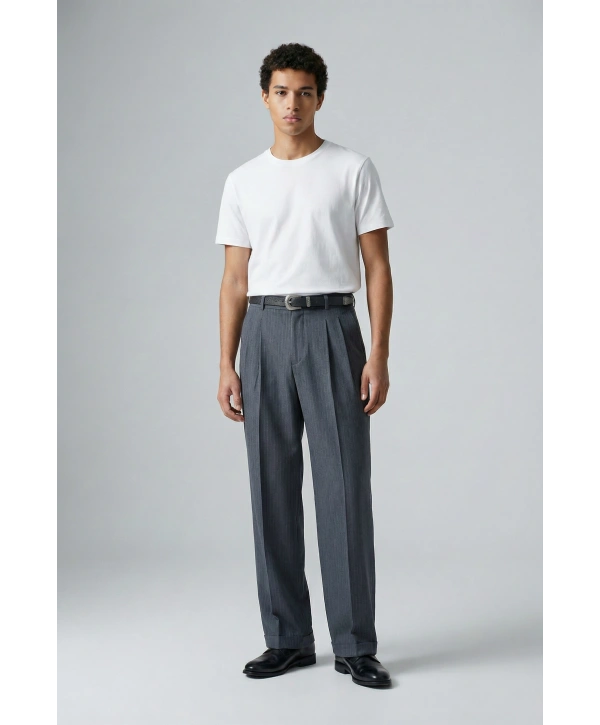 Erkek Rahat Kesim Bagy Çizgili Pantolon- Gri