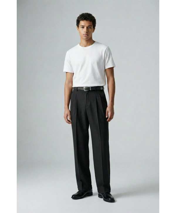 Erkek Rahat Kesim Bagy Çizgili Pantolon- Siyah