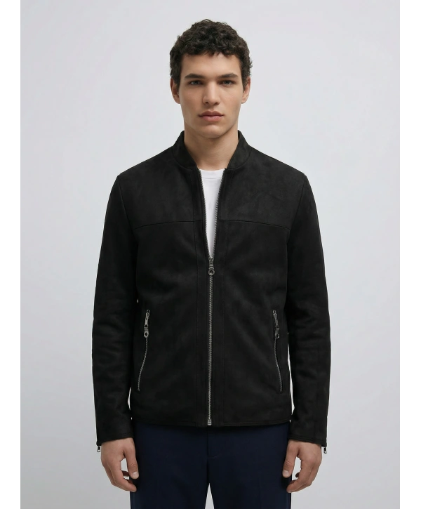 Erkek Dar Kesim Fermuarlı Süet Mont- Kahverengi