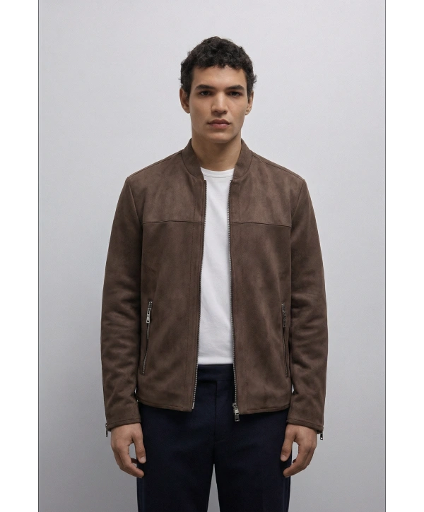 Erkek Dar Kesim Fermuarlı Süet Mont- Kahverengi