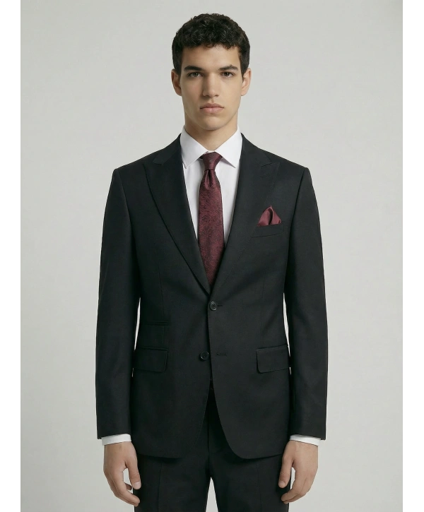 Erkek Dar Kesim İki Düğme Takım Elbise-Siyah