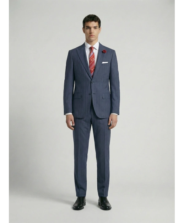 Erkek Dar Kesim Çizgili İki Düğme Takım Elbise-Lacivert