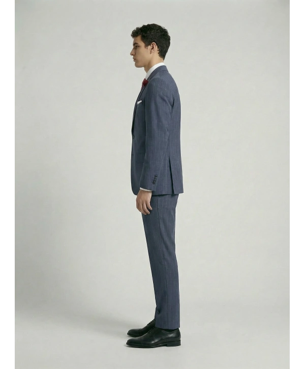 Erkek Dar Kesim Çizgili İki Düğme Takım Elbise-Lacivert