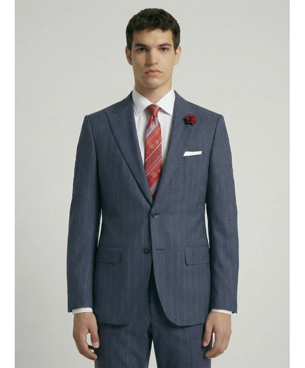 Erkek Dar Kesim Çizgili İki Düğme Takım Elbise-Lacivert
