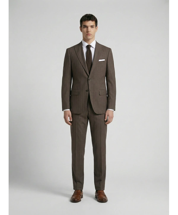 Erkek Dar Kesim Çizgili İki Düğme Takım Elbise-Kahverengi